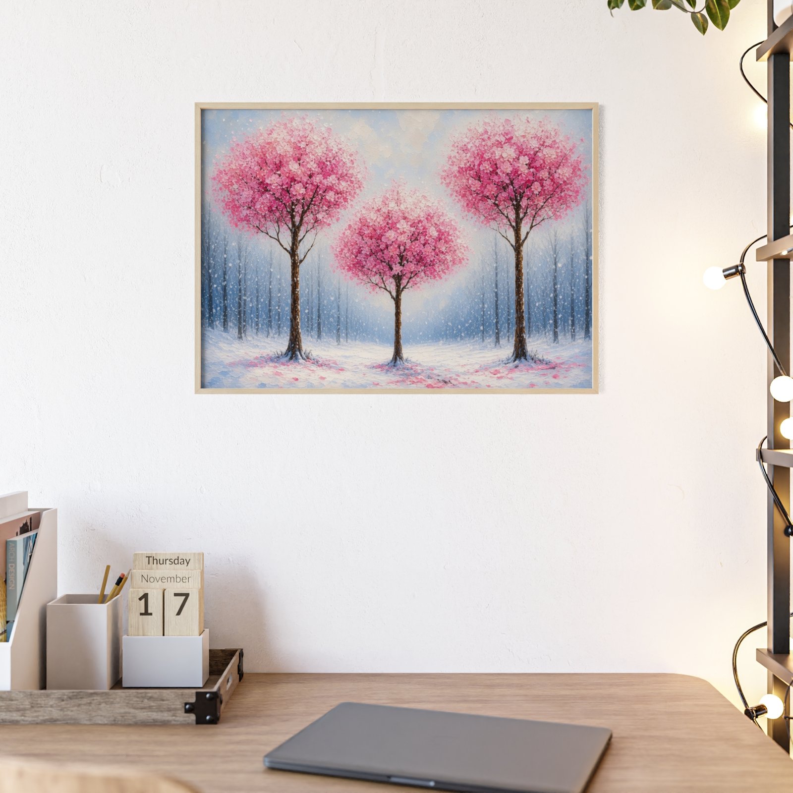Framed Pink Blossom Tree Wall Art Poster — Winter Cherrywood Print - Image 1