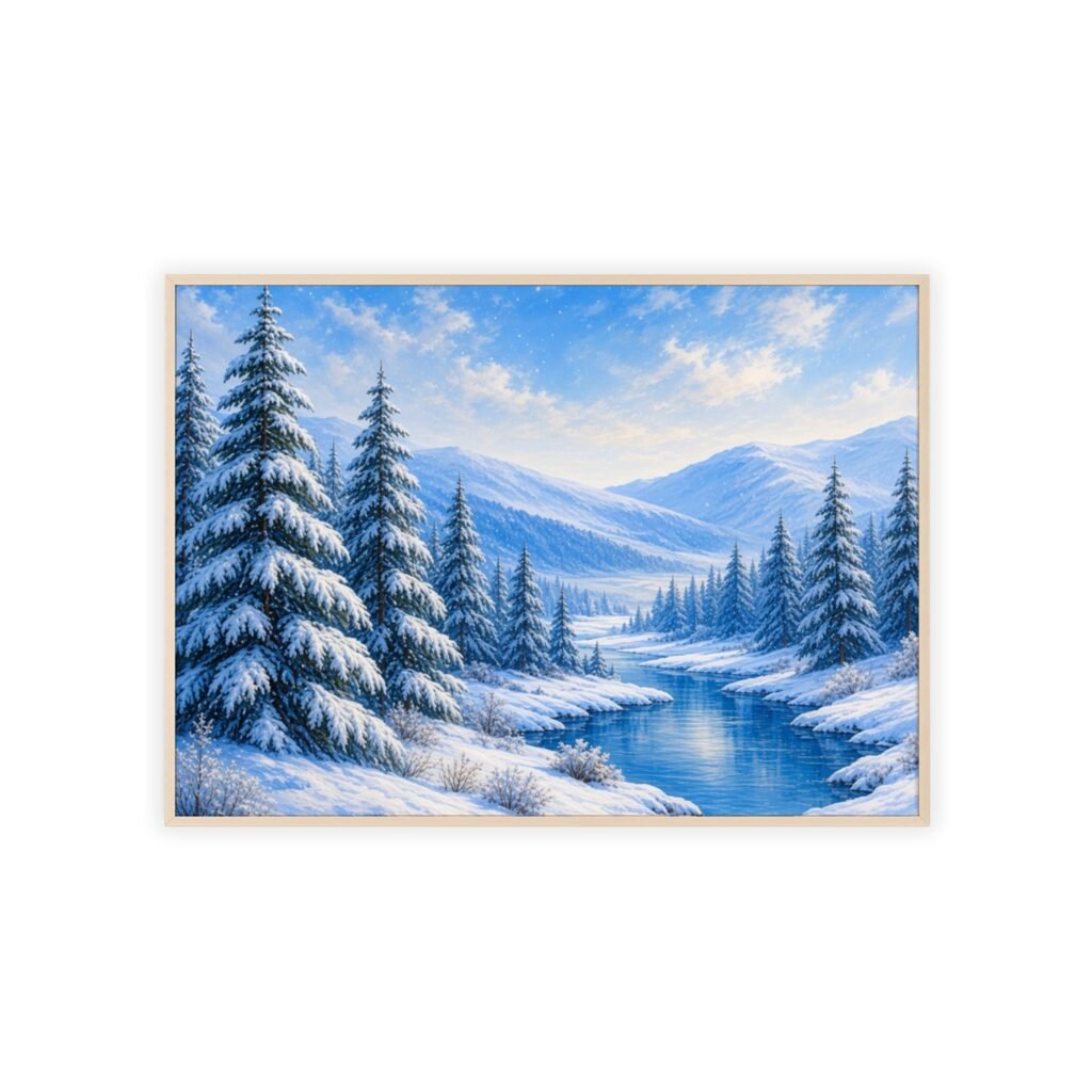 Framed Winter Landscape Poster — Snowy Pine Forest River Wall Art