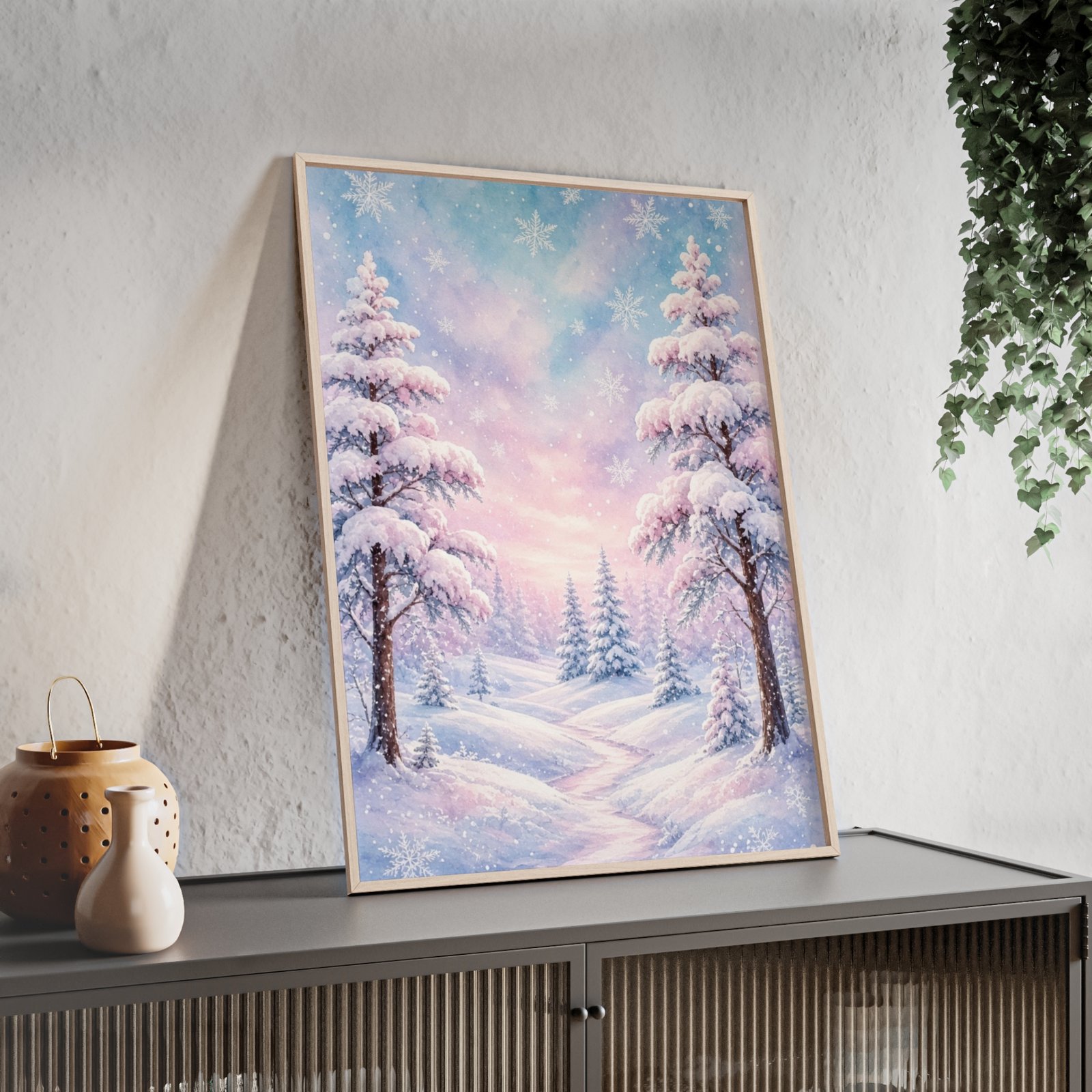 Winter Snowy Forest Poster with Wooden Frame — Pastel Snow Landscape Wall Art - Image 2