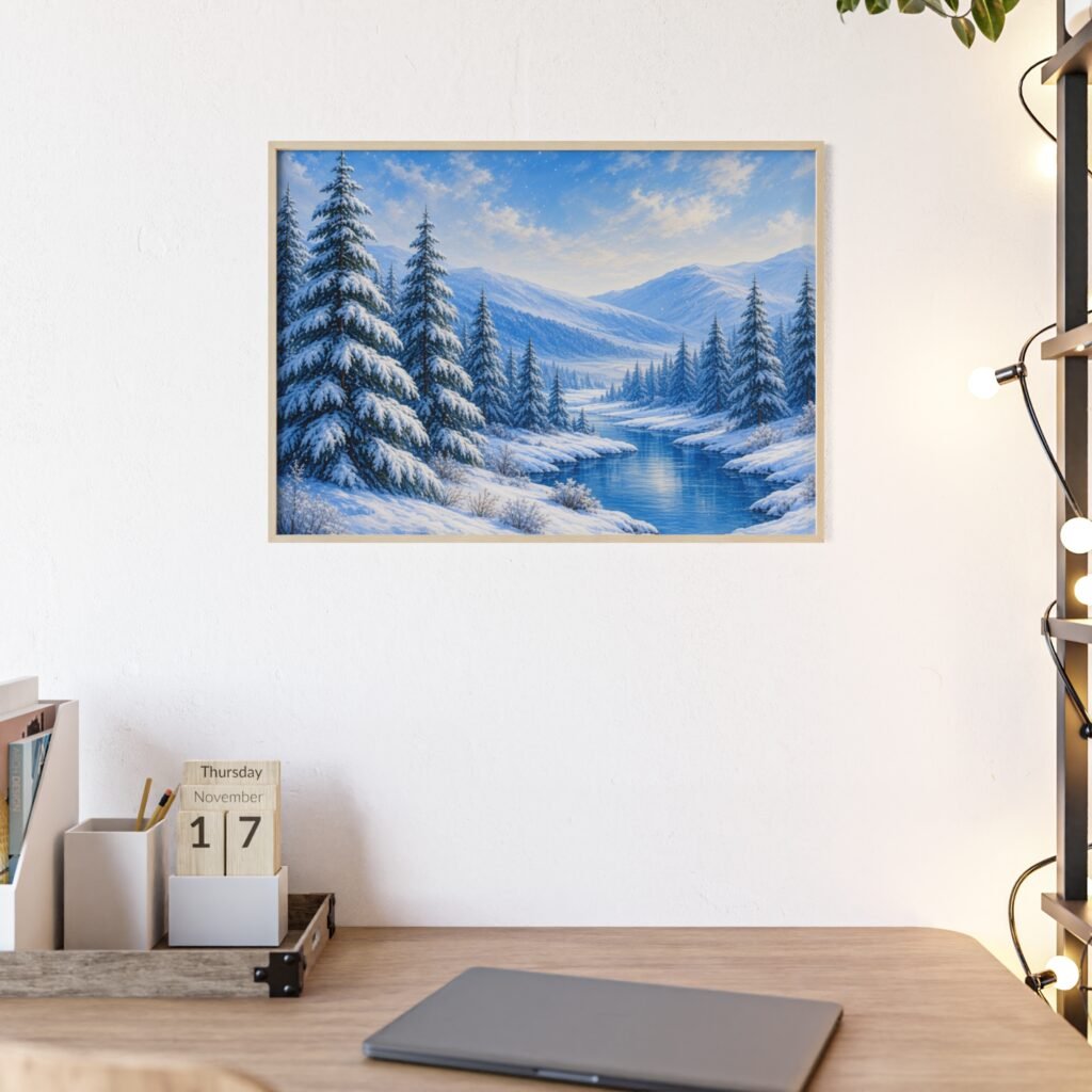 Framed Winter Landscape Poster — Snowy Pine Forest River Wall Art