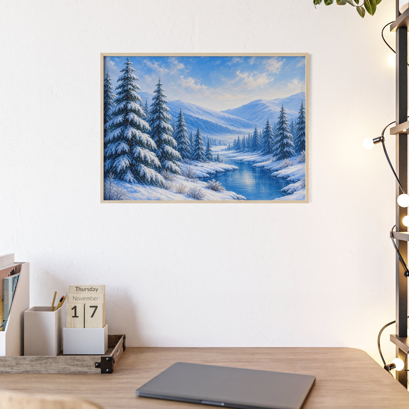 Framed Winter Landscape Poster — Snowy Pine Forest River Wall Art - Image 1