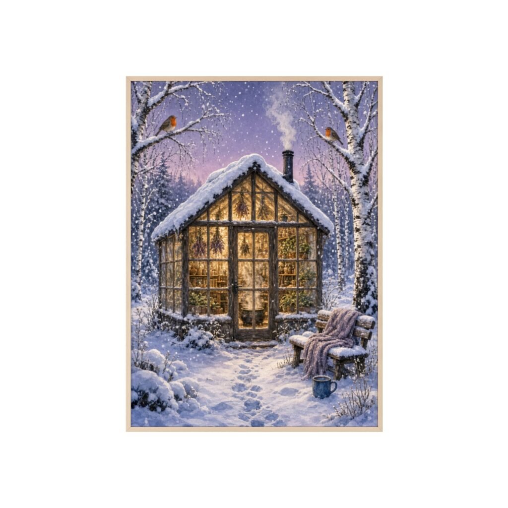 Winter Cottage Framed Poster — Cozy Snowy Greenhouse Wall Art