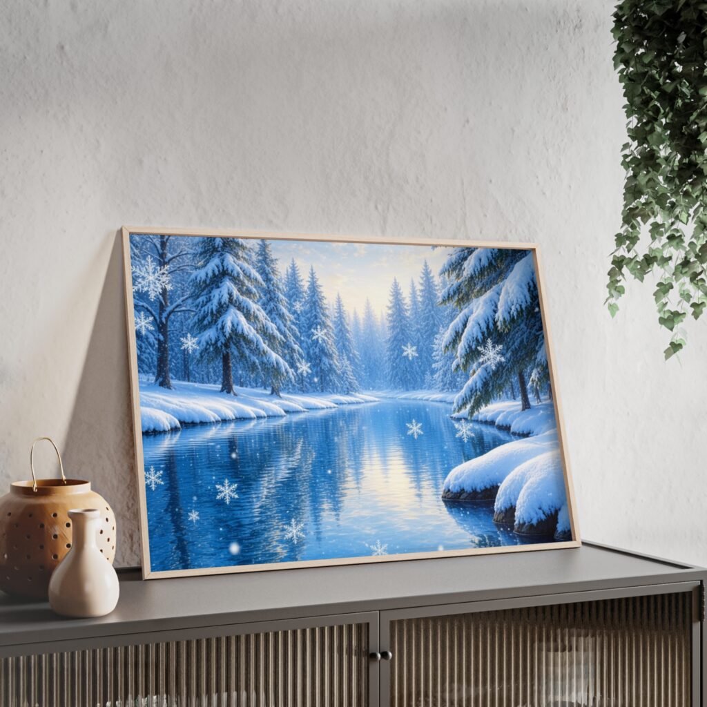 Framed Winter Forest Poster — Snowy Lake Scenic Wall Art