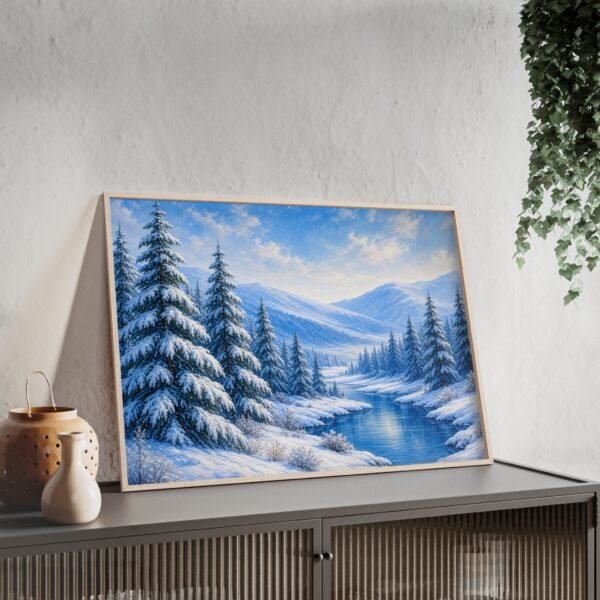Framed Winter Landscape Poster — Snowy Pine Forest River Wall Art - Image 2