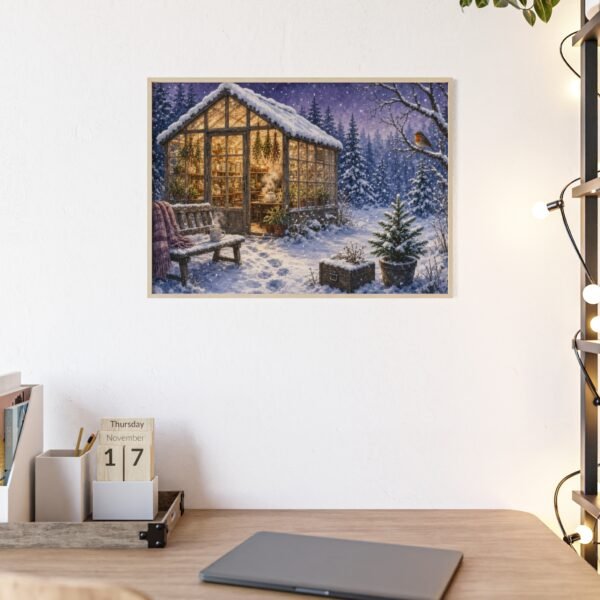 Framed Winter Greenhouse Poster — Cozy Snowy Cabin Wall Art - Image 1