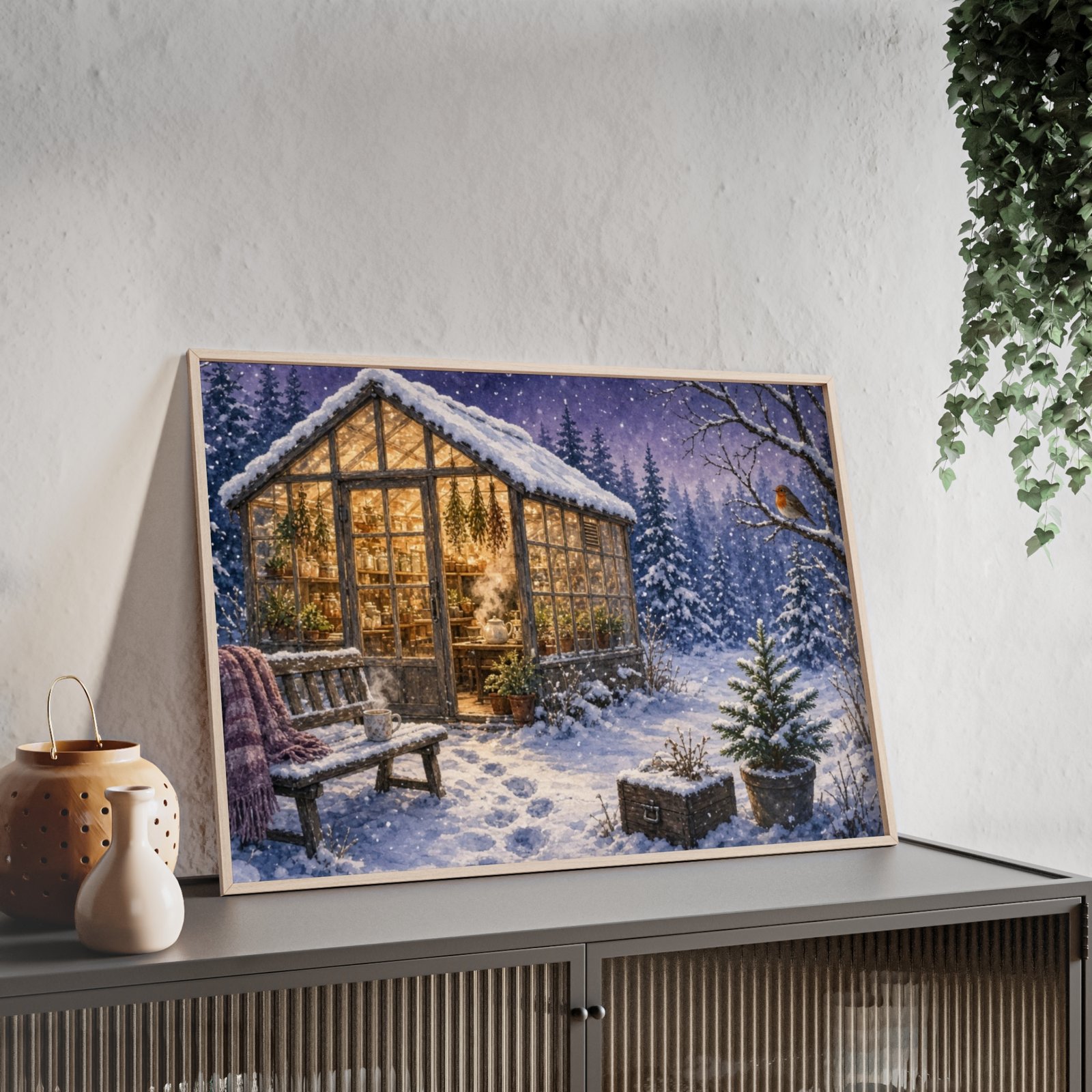 Framed Winter Greenhouse Poster — Cozy Snowy Cabin Wall Art - Image 2
