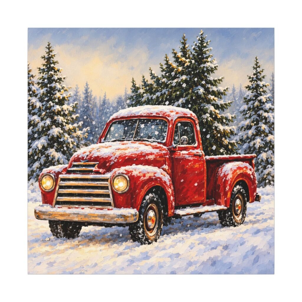 Vintage Red Truck Winter Canvas Wall Art