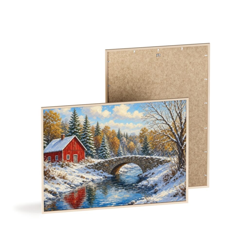 Framed Winter Landscape Poster — Red Barn Snowy Bridge Wall Art