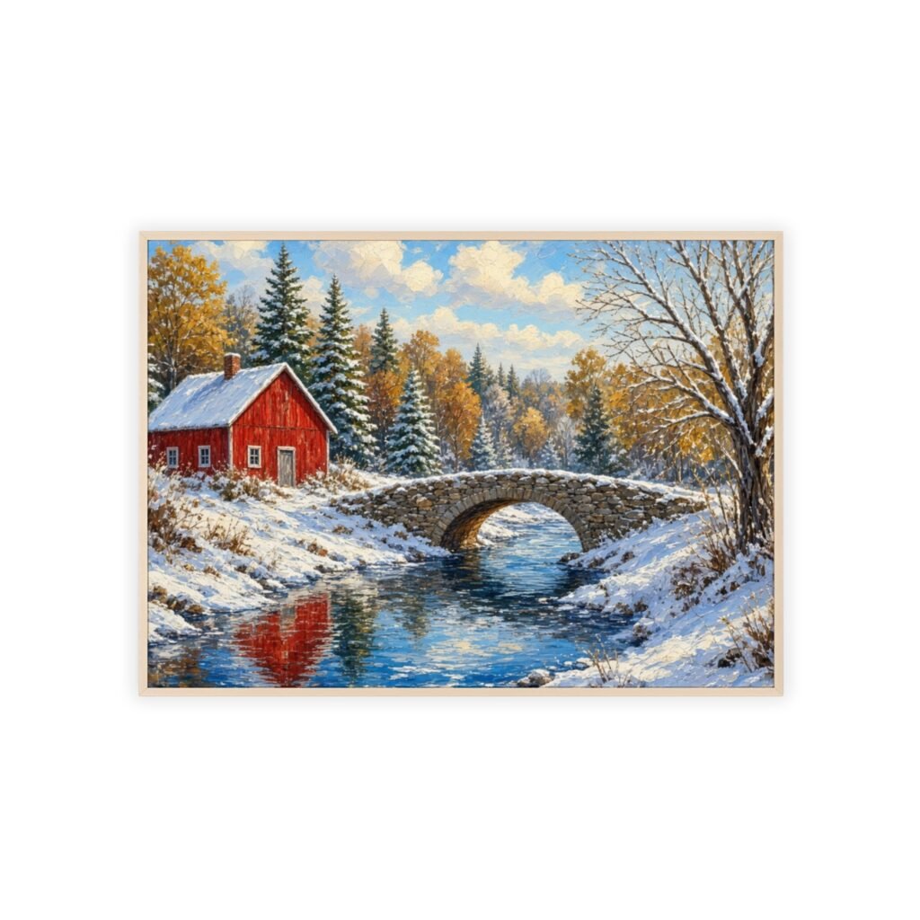 Framed Winter Landscape Poster — Red Barn Snowy Bridge Wall Art
