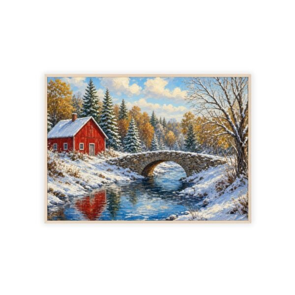 Framed Winter Landscape Poster — Red Barn Snowy Bridge Wall Art - Image 3
