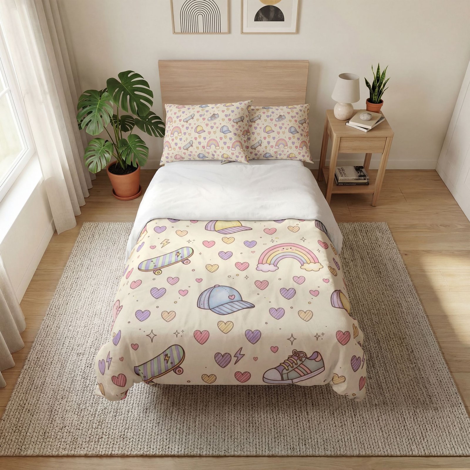 Kids Duvet Cover Set – Pastel Rainbows, Hearts & Caps Pattern (Set of 3) - Image 4