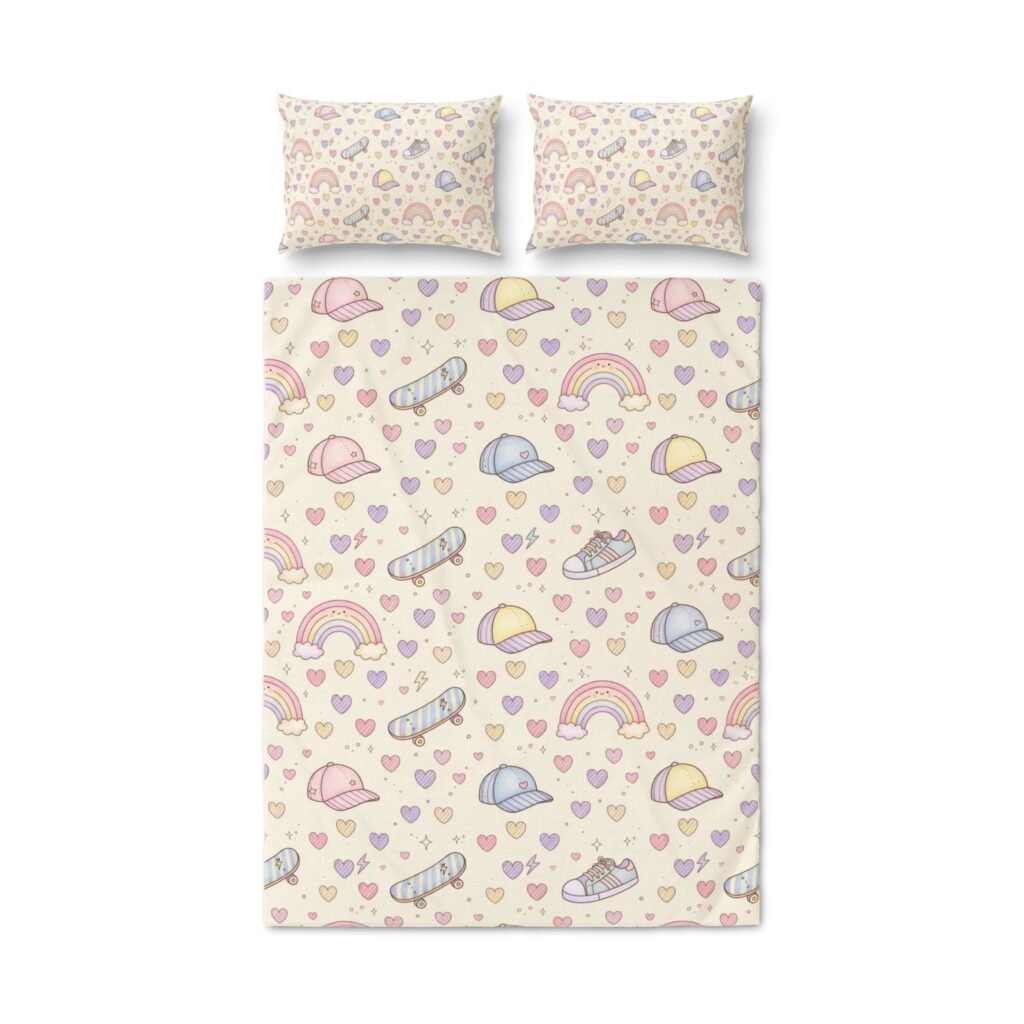 Kids Duvet Cover Set – Pastel Rainbows, Hearts & Caps Pattern (Set of 3)