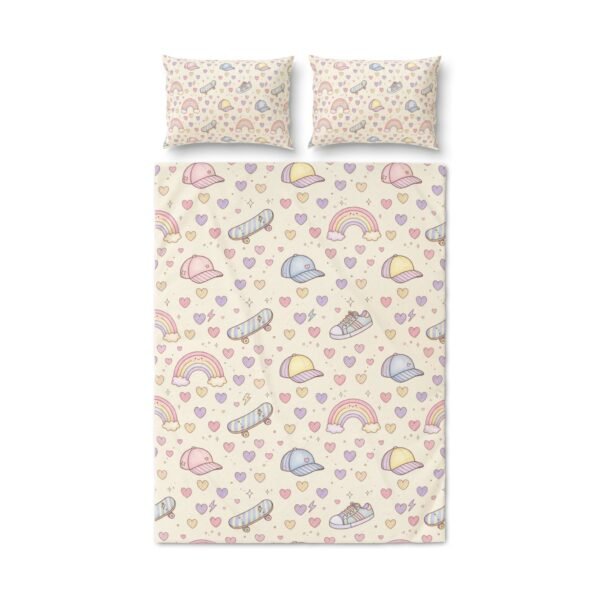 Kids Duvet Cover Set – Pastel Rainbows, Hearts & Caps Pattern (Set of 3) - Image 3