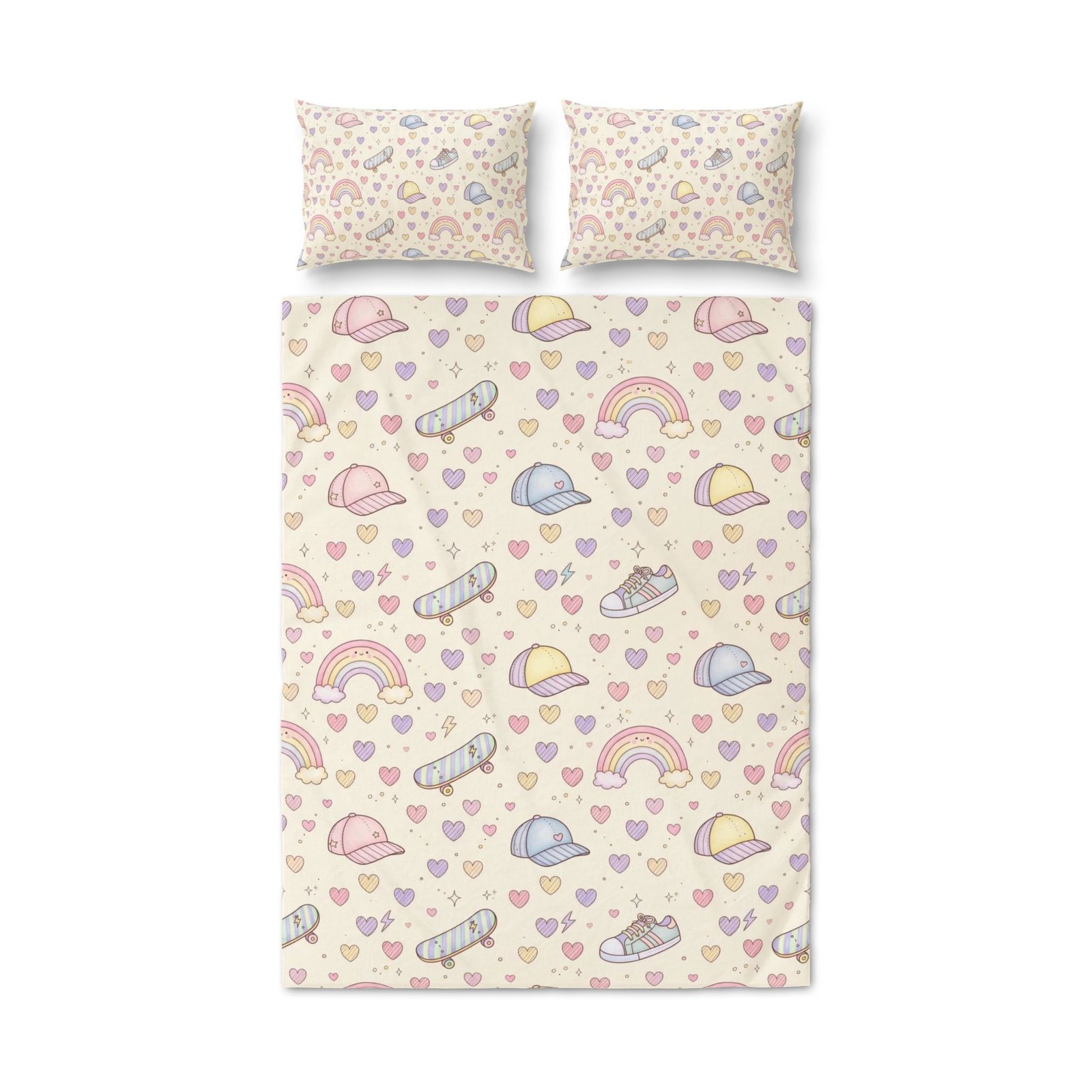 Kids Duvet Cover Set – Pastel Rainbows, Hearts & Caps Pattern (Set of 3) - Image 3