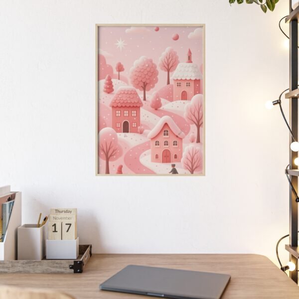 Pink Cottage Winter Village Poster with Wooden Frame — Whimsical Nursery Wall Art - Image 1