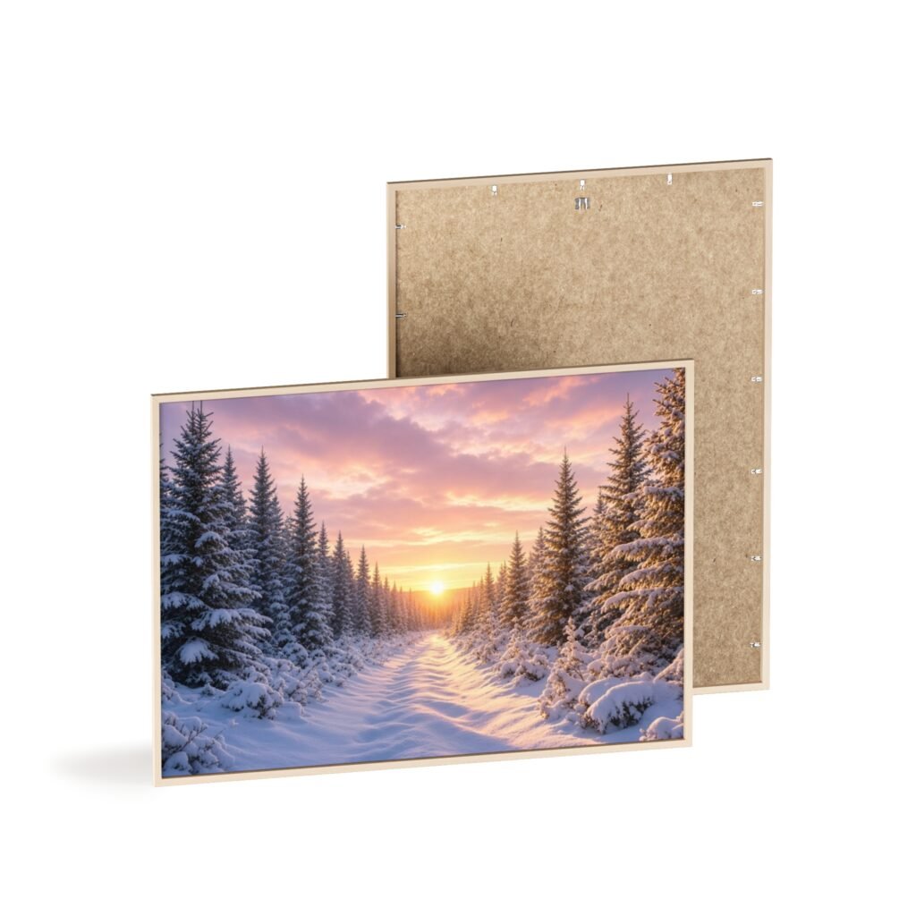 Sunrise Winter Forest Poster with Wooden Frame — Snowy Pine Landscape Wall Art