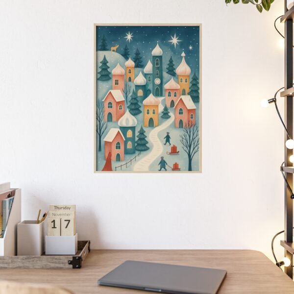 Winter Village Wooden Framed Poster — Cozy Snowy Town Wall Art - Image 1