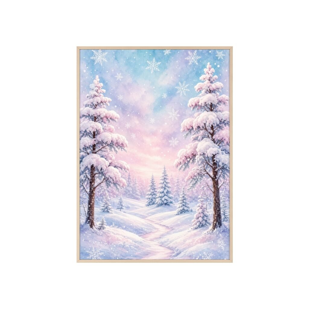 Winter Snowy Forest Poster with Wooden Frame — Pastel Snow Landscape Wall Art