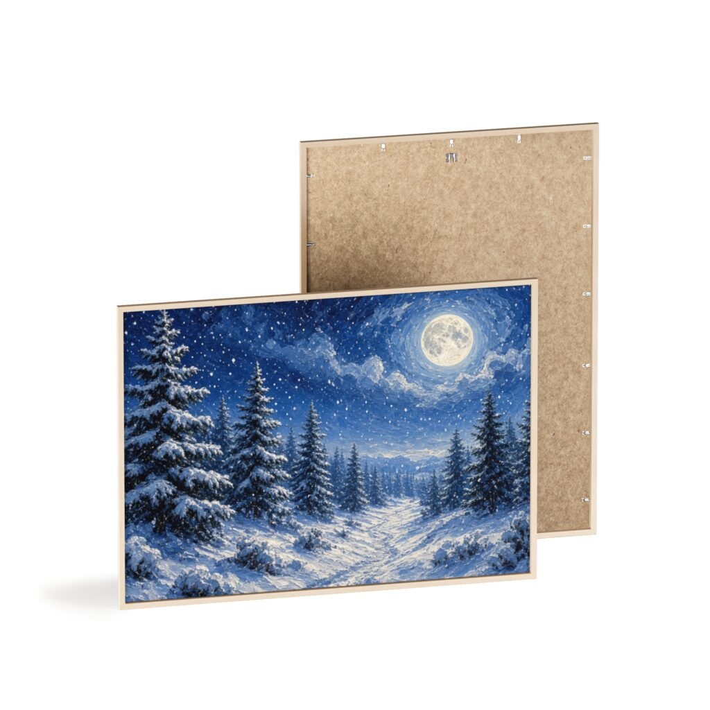 Winter Moonlit Forest Poster with Wooden Frame