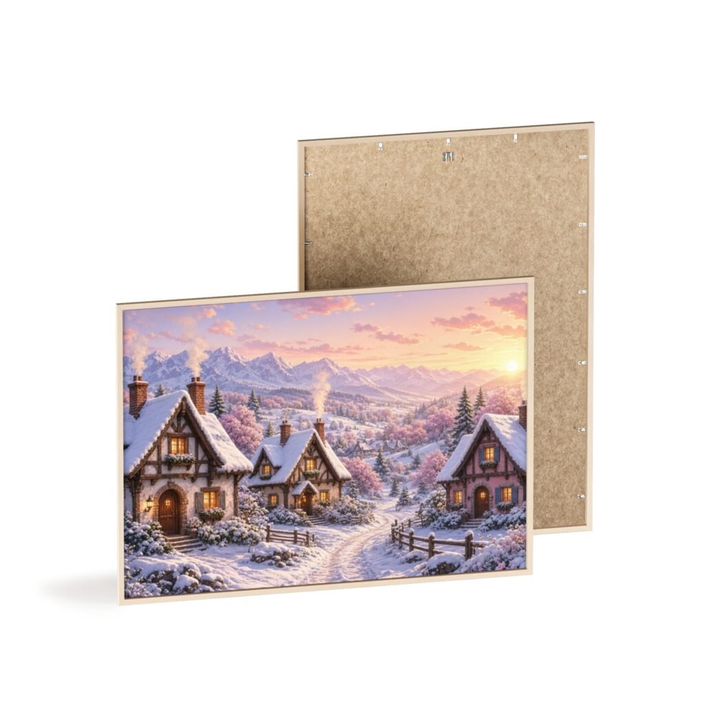 Framed Winter Village Poster — Cozy Snowy Cottage Wall Art