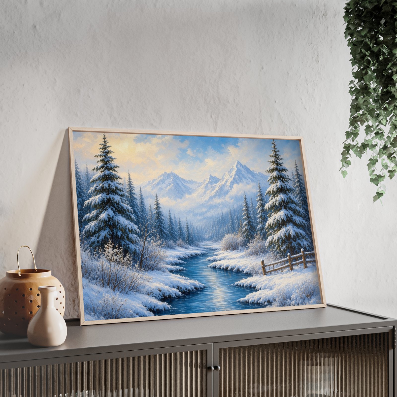 Framed Winter Landscape Poster — Snowy Mountain River Wall Art - Image 2
