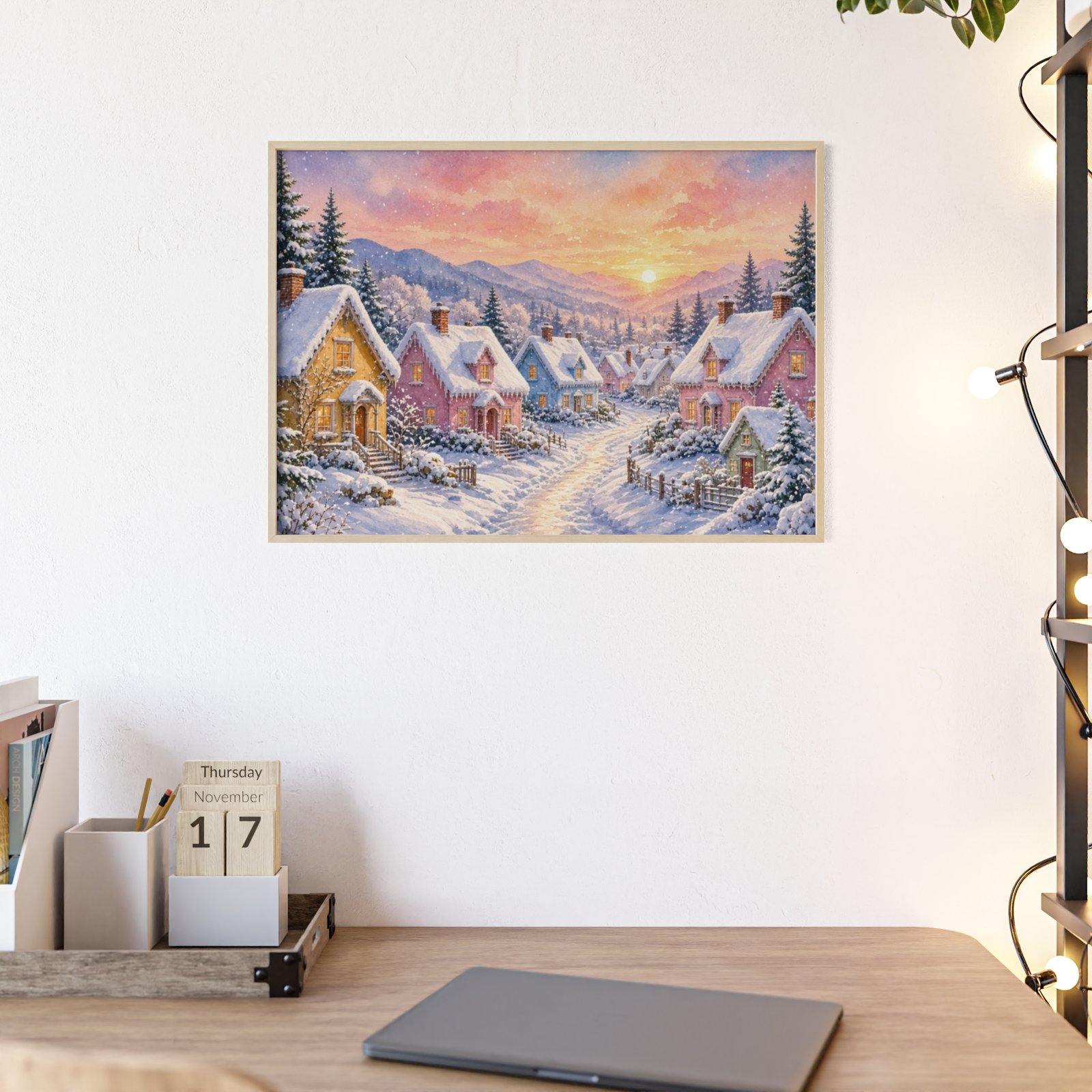 Framed Winter Village Poster — Cozy Snowy Sunset Wall Art - Image 1
