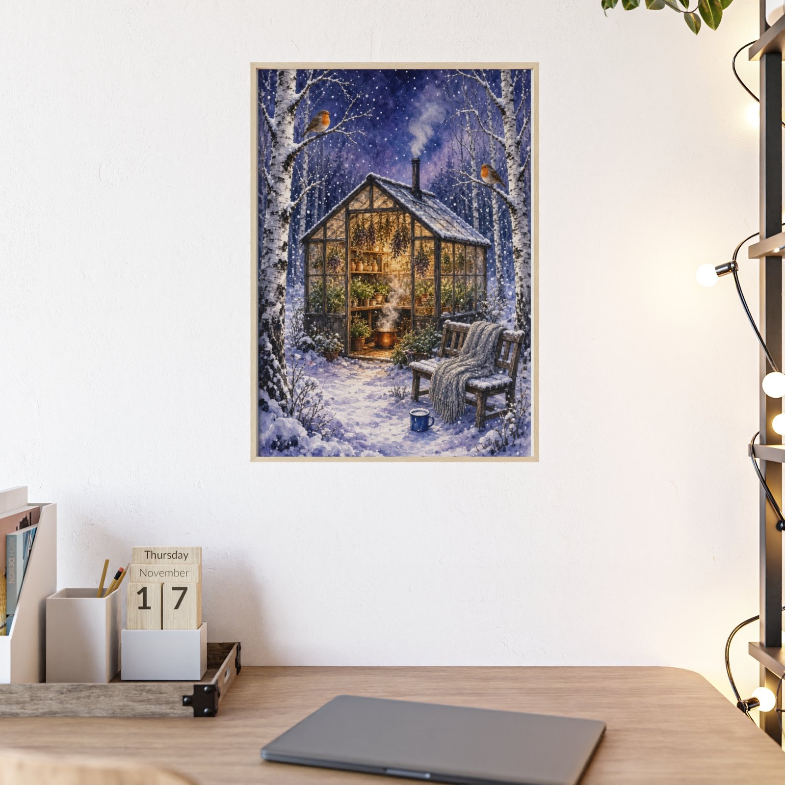 Winter Greenhouse Poster with Wooden Frame — Cozy Snowy Glasshouse Wall Art - Image 1
