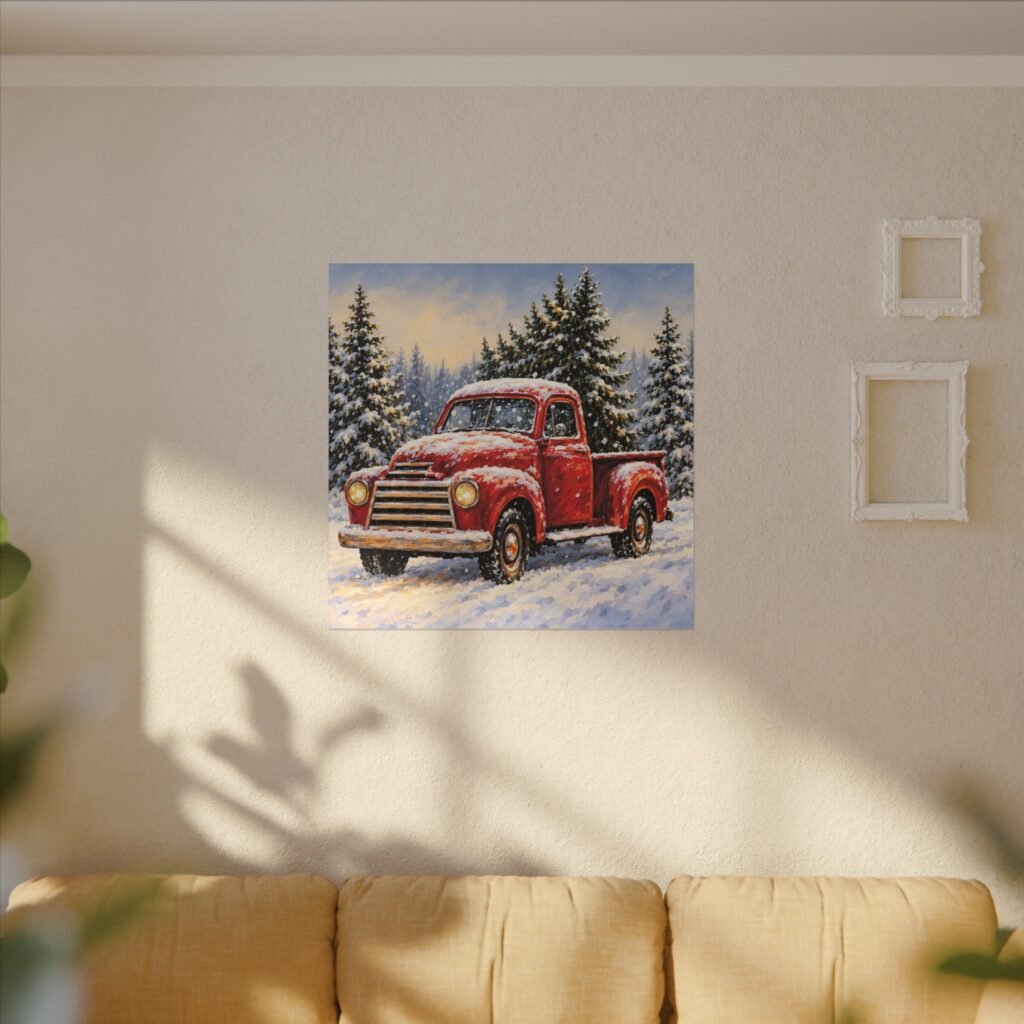Vintage Red Truck Winter Canvas Wall Art