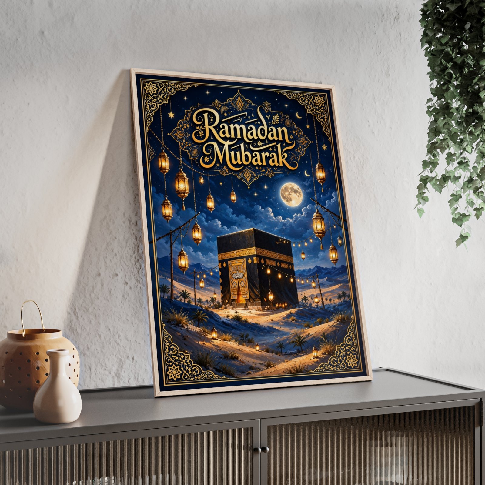 Ramadan Mubarak Kaaba Poster with Wooden Frame — Islamic Wall Art for Ramadan - Image 2
