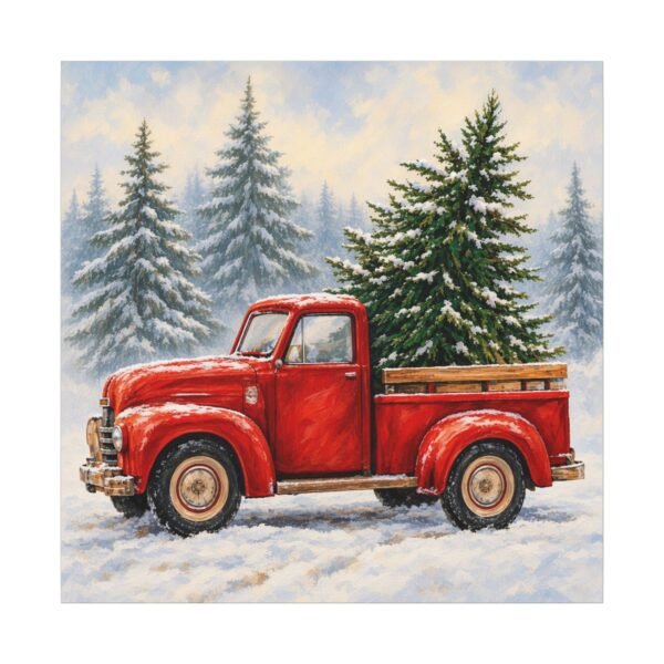 Christmas Red Truck Canvas Wall Art — Vintage Pickup with Pine Trees in Snow - Image 1