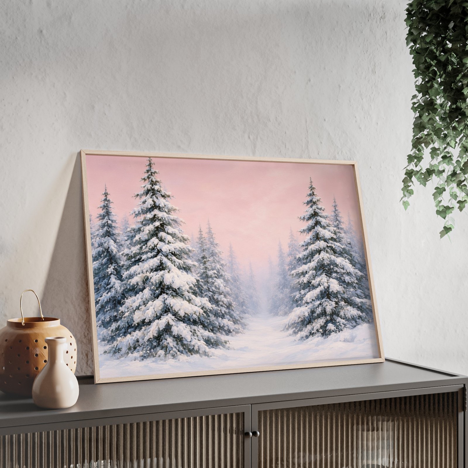 Framed Winter Pines Poster – Pink Snowy Forest Wall Art - Image 2