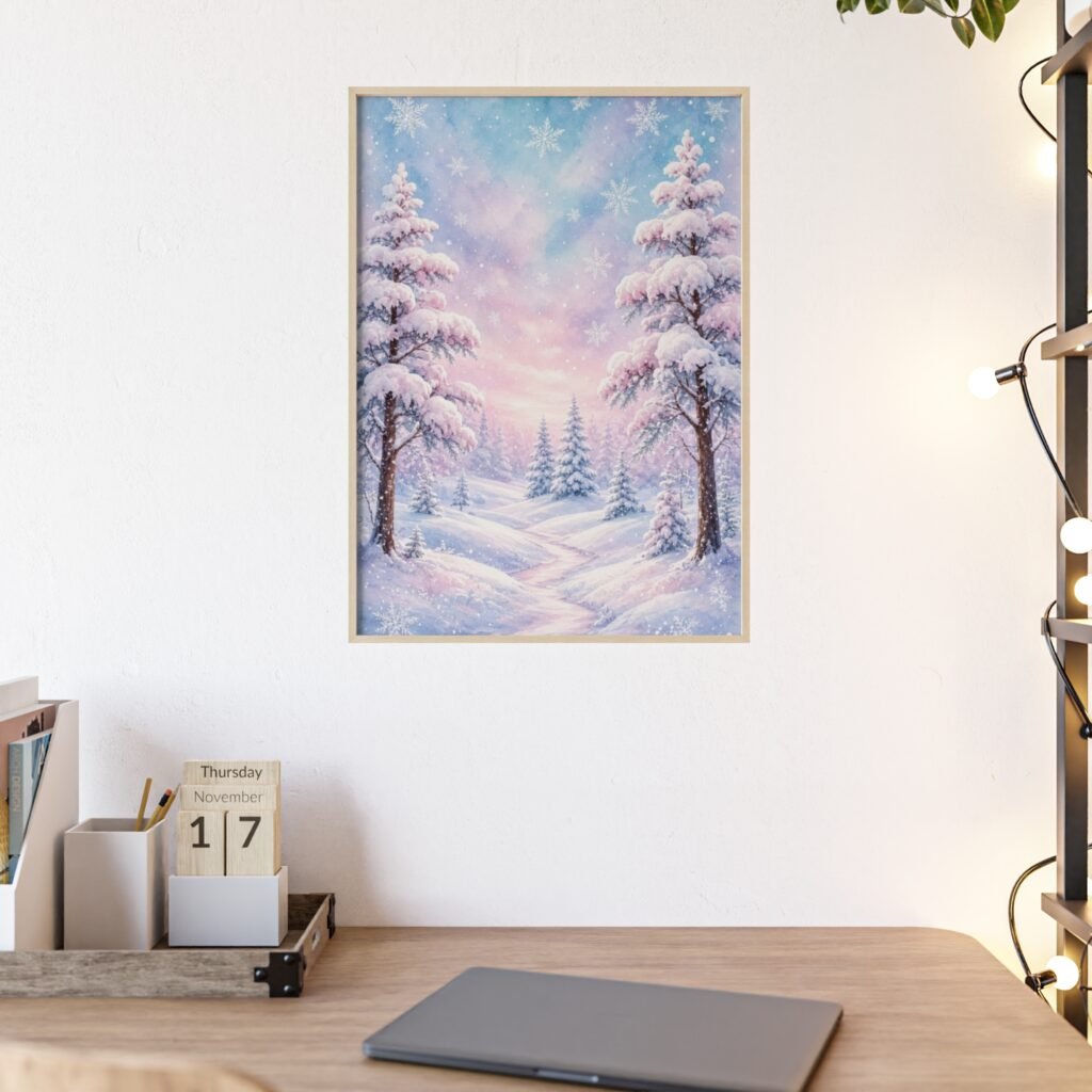 Winter Snowy Forest Poster with Wooden Frame — Pastel Snow Landscape Wall Art