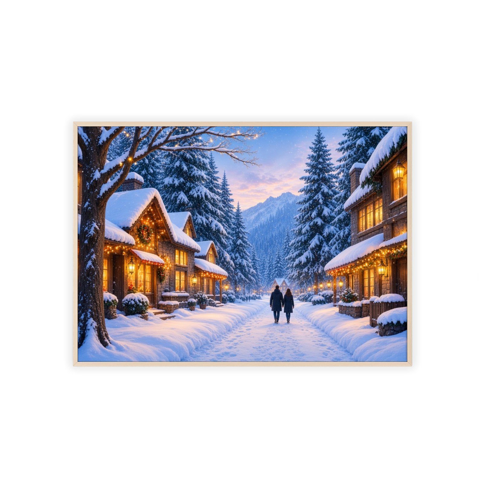 Framed Winter Village Poster - Cozy Snowy Cabin Wall Art - Image 1