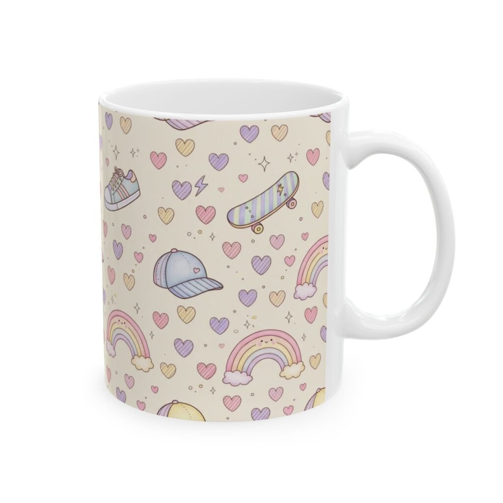Cute Pastel Pattern Mug — Rainbow, Sneakers & Hearts Ceramic Coffee Cup (11oz/15oz)