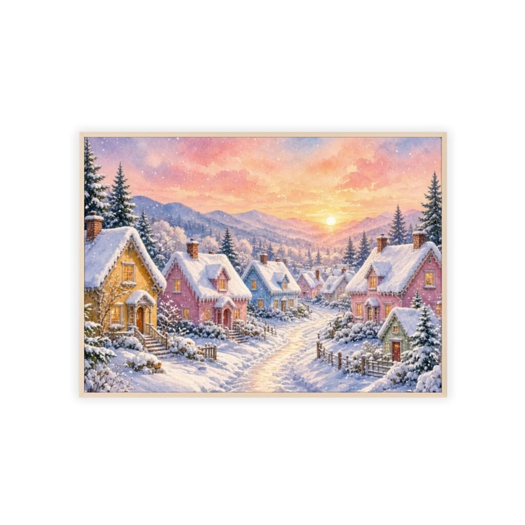 Framed Winter Village Poster — Cozy Snowy Sunset Wall Art