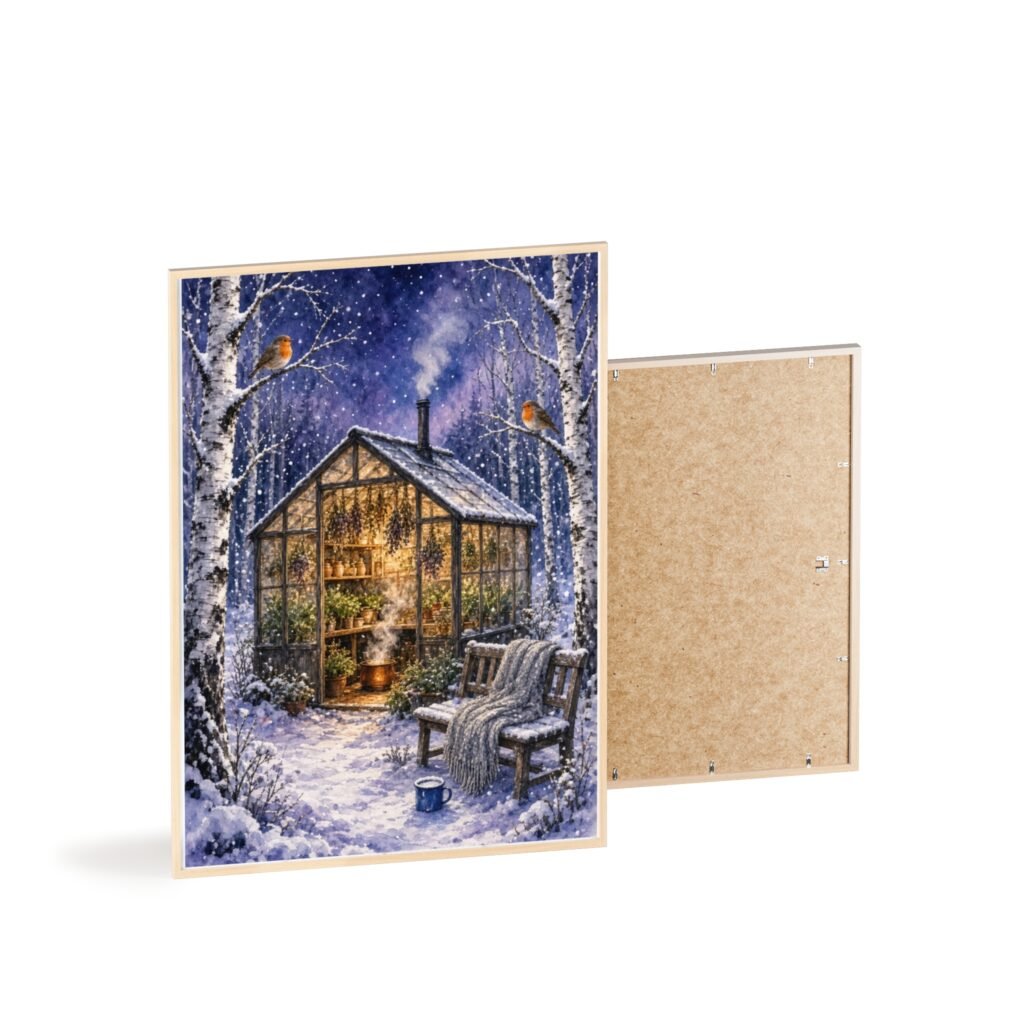 Winter Greenhouse Poster with Wooden Frame — Cozy Snowy Glasshouse Wall Art
