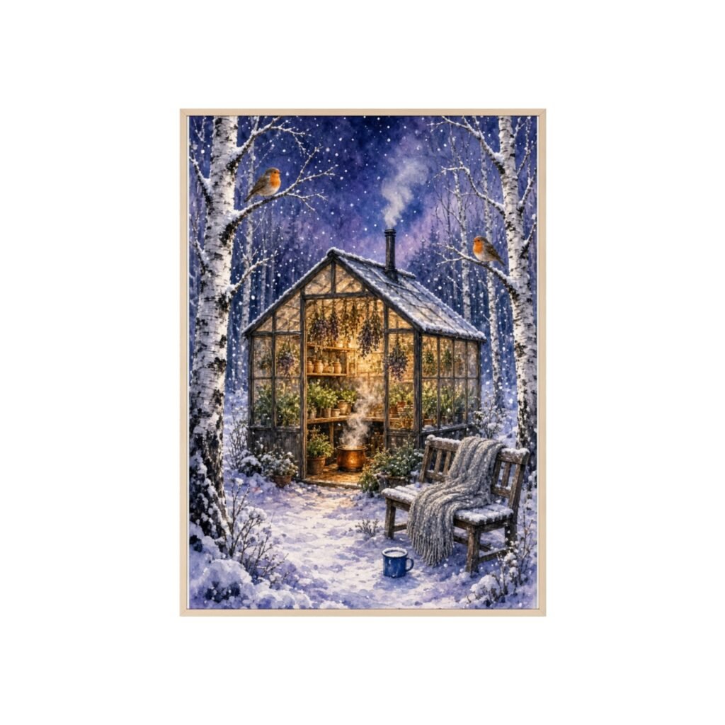 Winter Greenhouse Poster with Wooden Frame — Cozy Snowy Glasshouse Wall Art