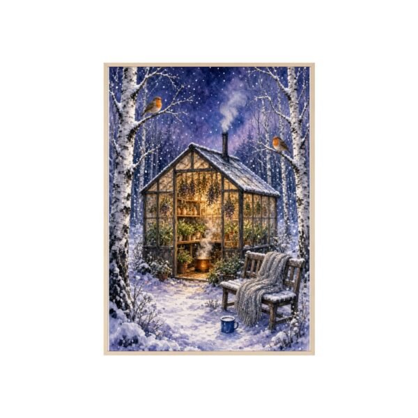 Winter Greenhouse Poster with Wooden Frame — Cozy Snowy Glasshouse Wall Art - Image 3