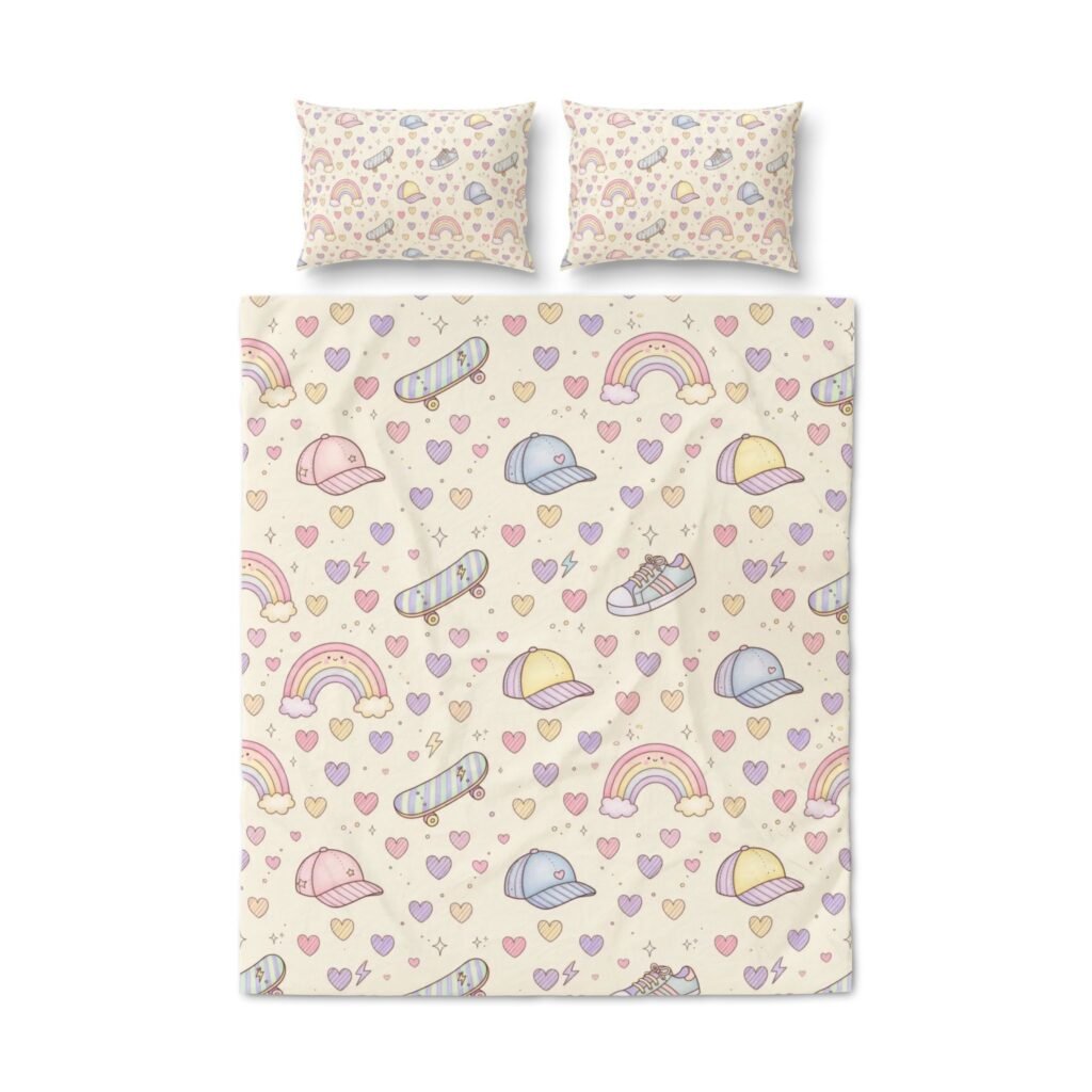Kids Duvet Cover Set – Pastel Rainbows, Hearts & Caps Pattern (Set of 3)