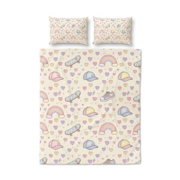 Kids Duvet Cover Set – Pastel Rainbows, Hearts & Caps Pattern (Set of 3) - Image 1