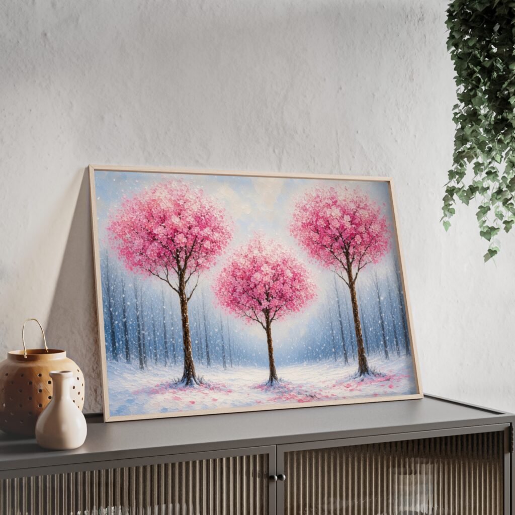Framed Pink Blossom Tree Wall Art Poster — Winter Cherrywood Print