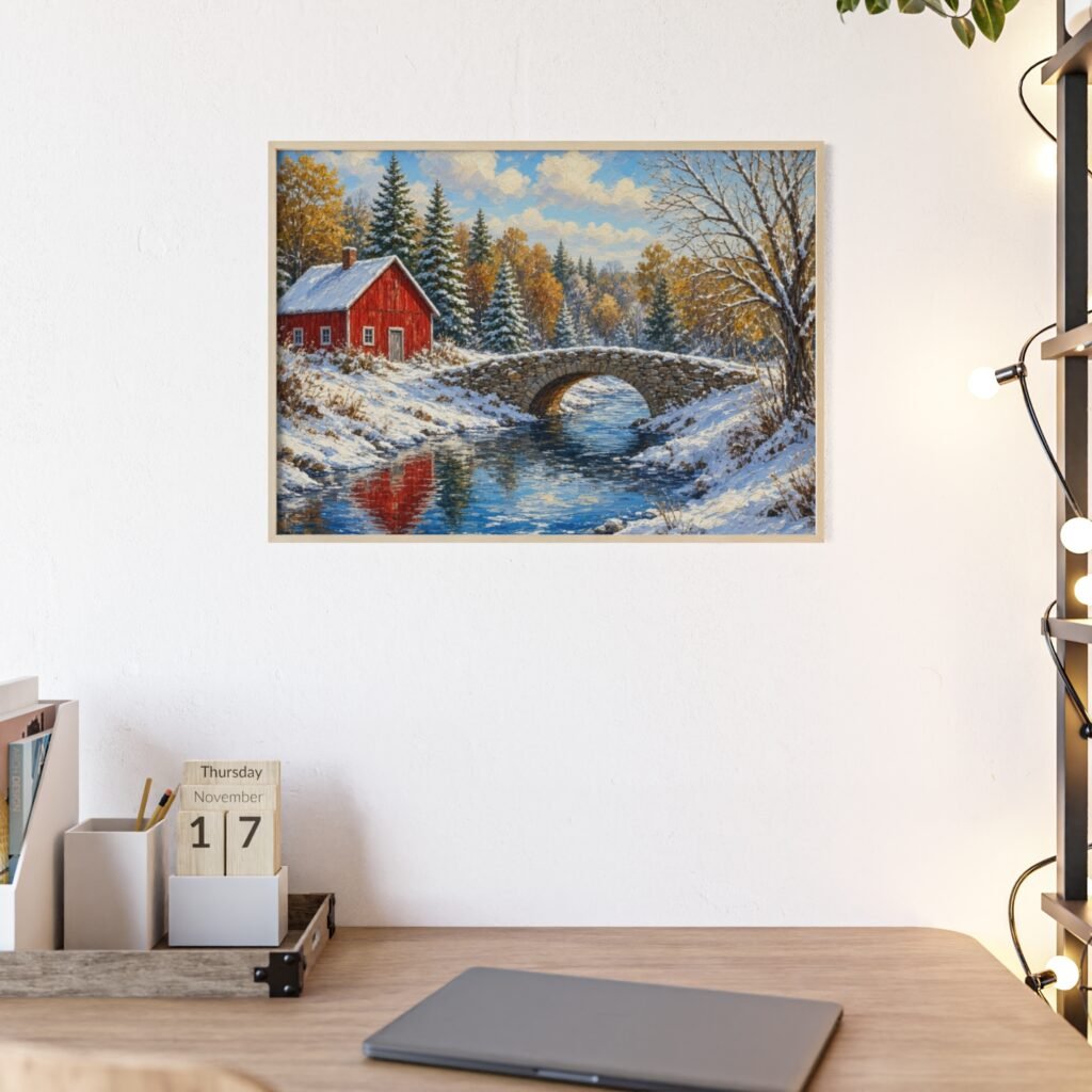 Framed Winter Landscape Poster — Red Barn Snowy Bridge Wall Art