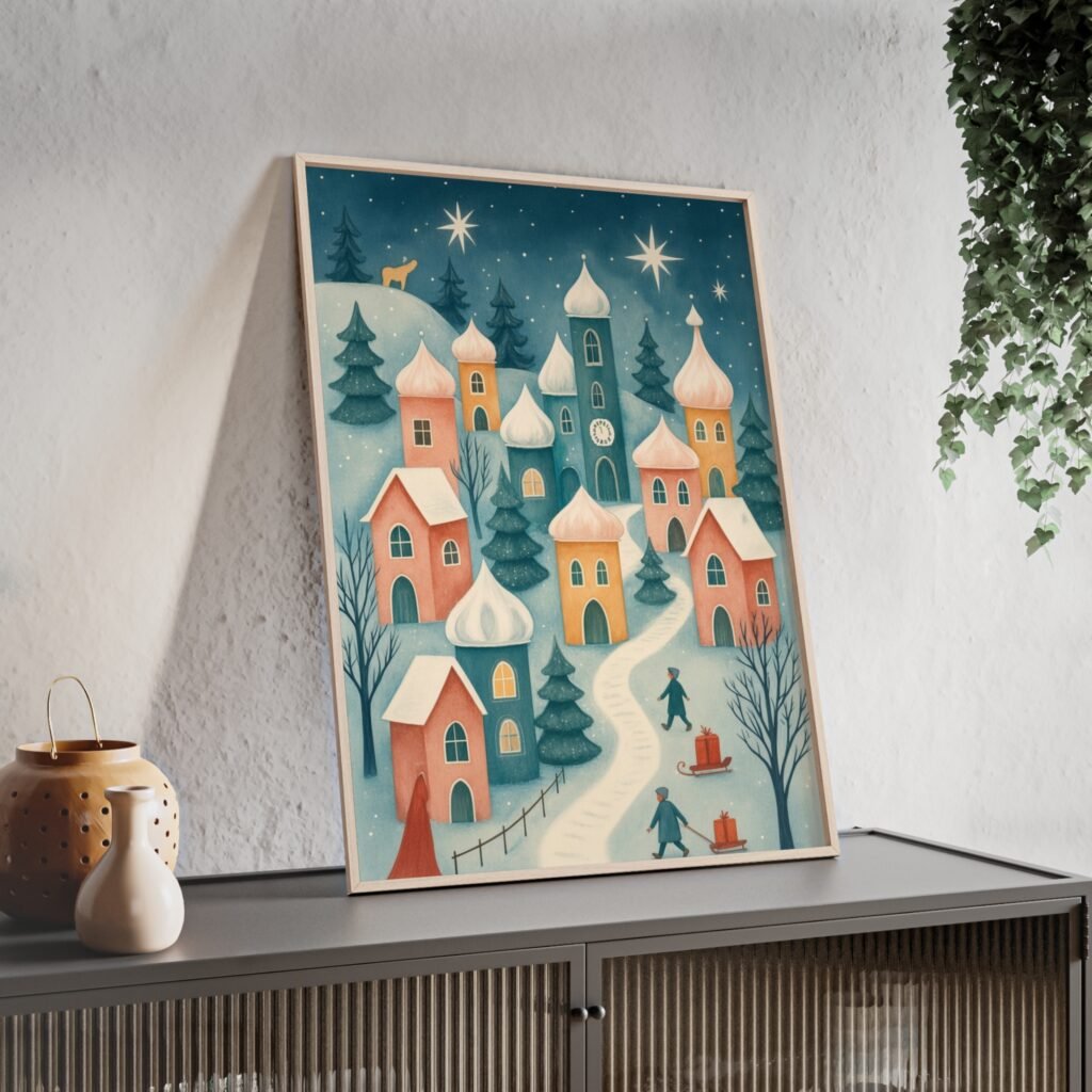 Winter Village Wooden Framed Poster — Cozy Snowy Town Wall Art