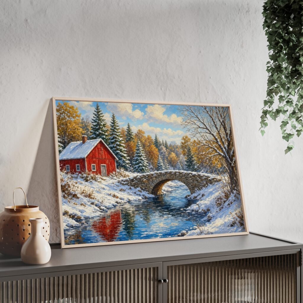Framed Winter Landscape Poster — Red Barn Snowy Bridge Wall Art