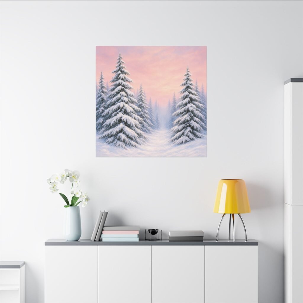 Winter Pine Forest Canvas Wall Art — Snowy Trees at Pink Sunset