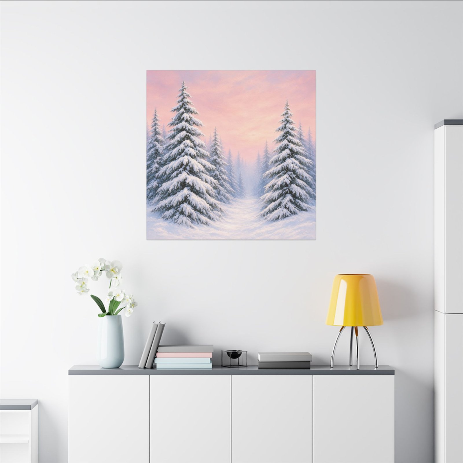 Winter Pine Forest Canvas Wall Art — Snowy Trees at Pink Sunset - Image 4