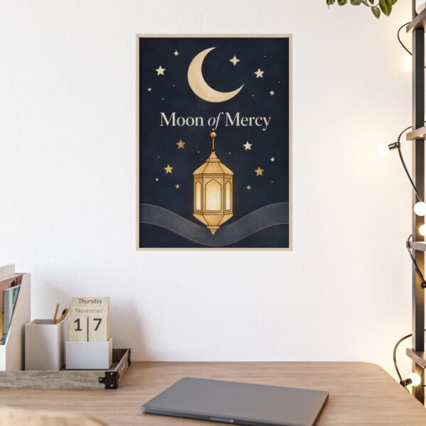 Moon of Mercy Ramadan Poster with Wooden Frame — Islamic Crescent & Lantern Wall Art - Image 1