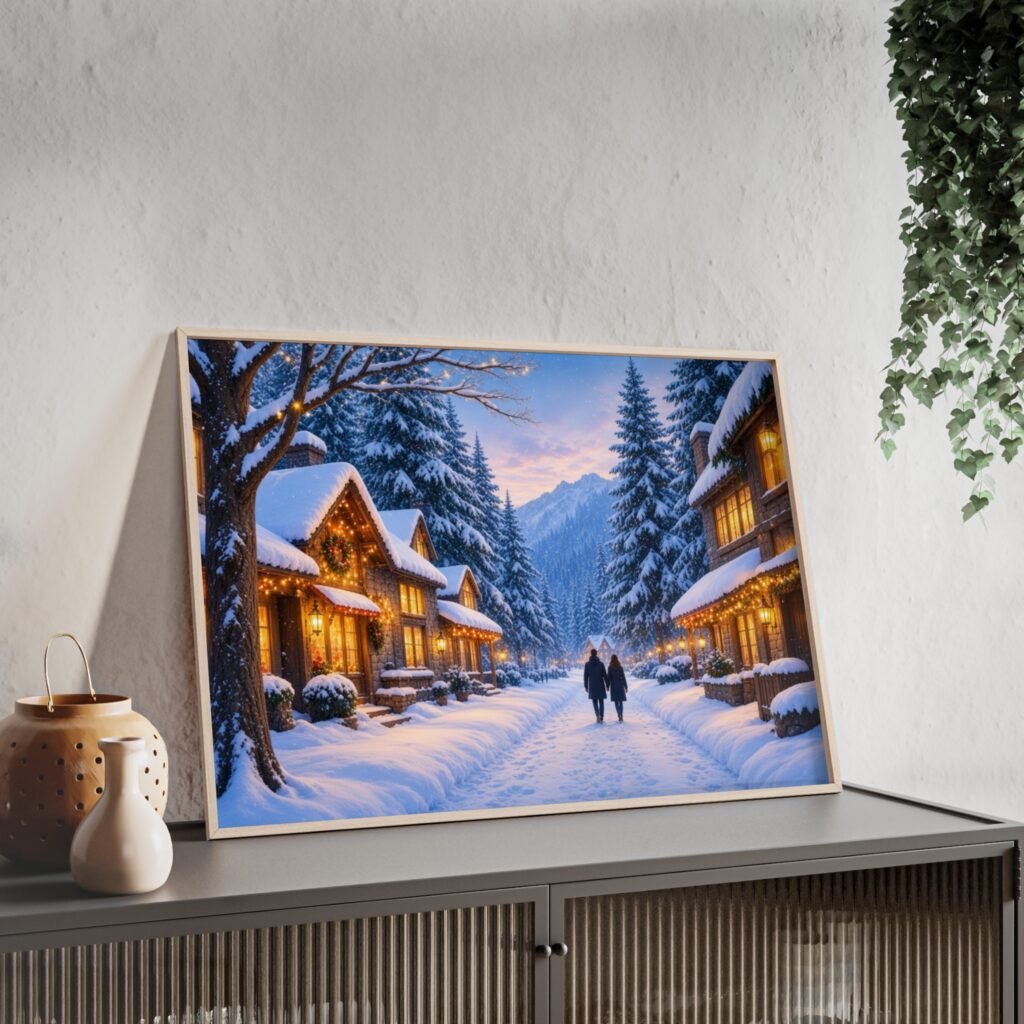 Framed Winter Village Poster - Cozy Snowy Cabin Wall Art