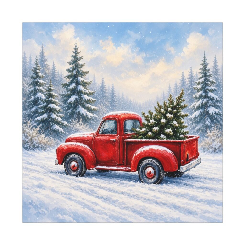 Holiday Red Truck Canvas Print — Vintage Christmas Tree Winter Wall Art