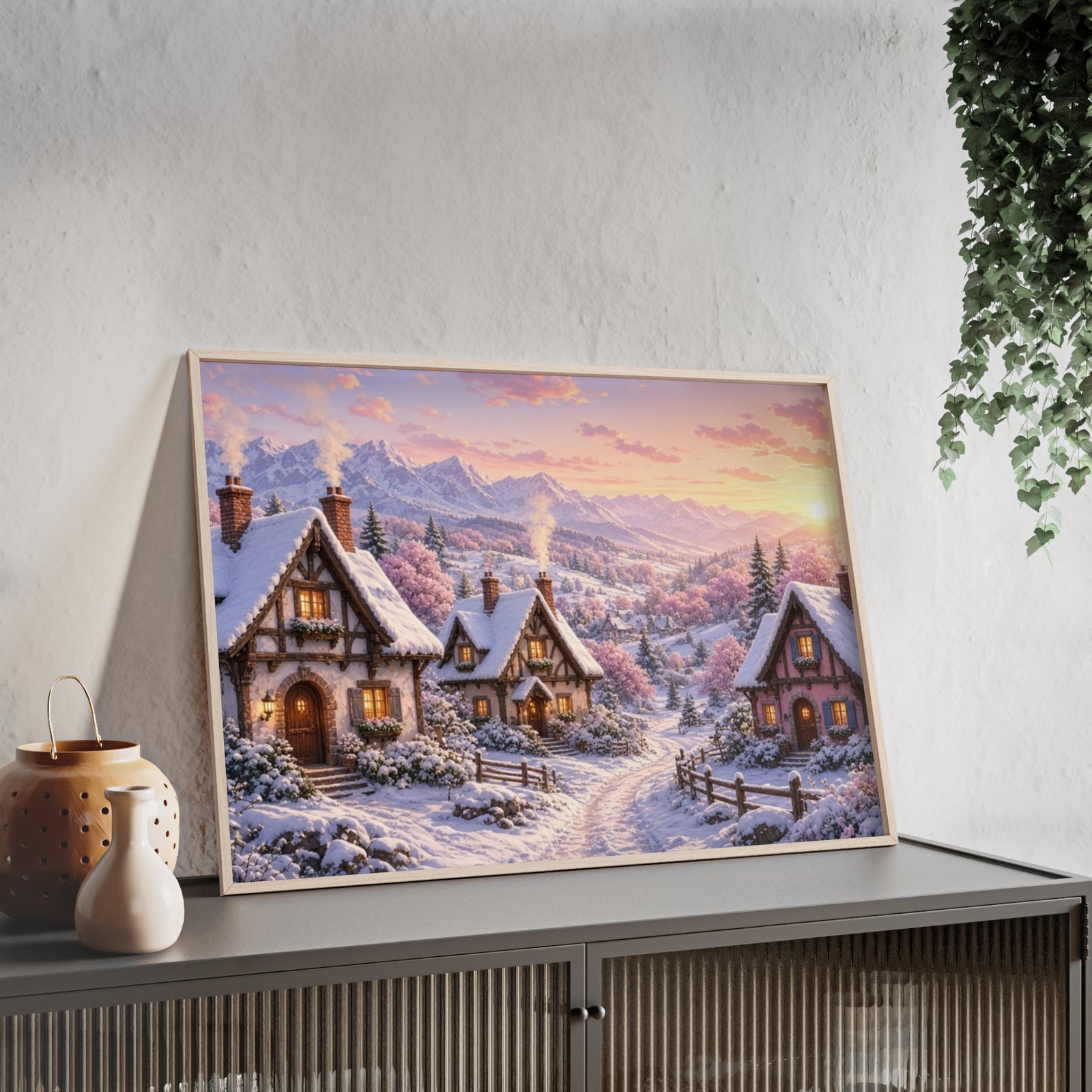 Framed Winter Village Poster — Cozy Snowy Cottage Wall Art - Image 2
